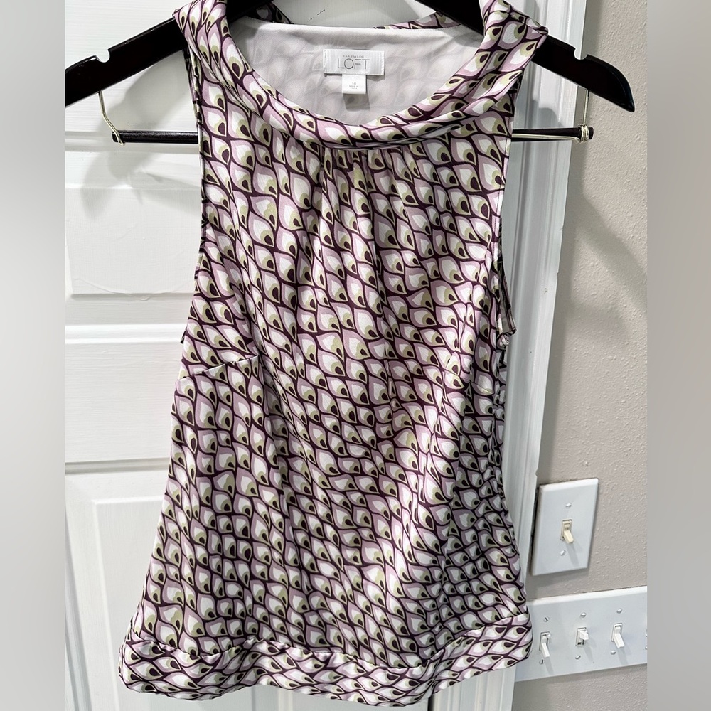 Ann Taylor LOFT Sleeveless Pink Geo Print Cowl Neck Top